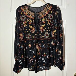 Zara Boho Semi-Sheer Embroidered Top, Size Small
